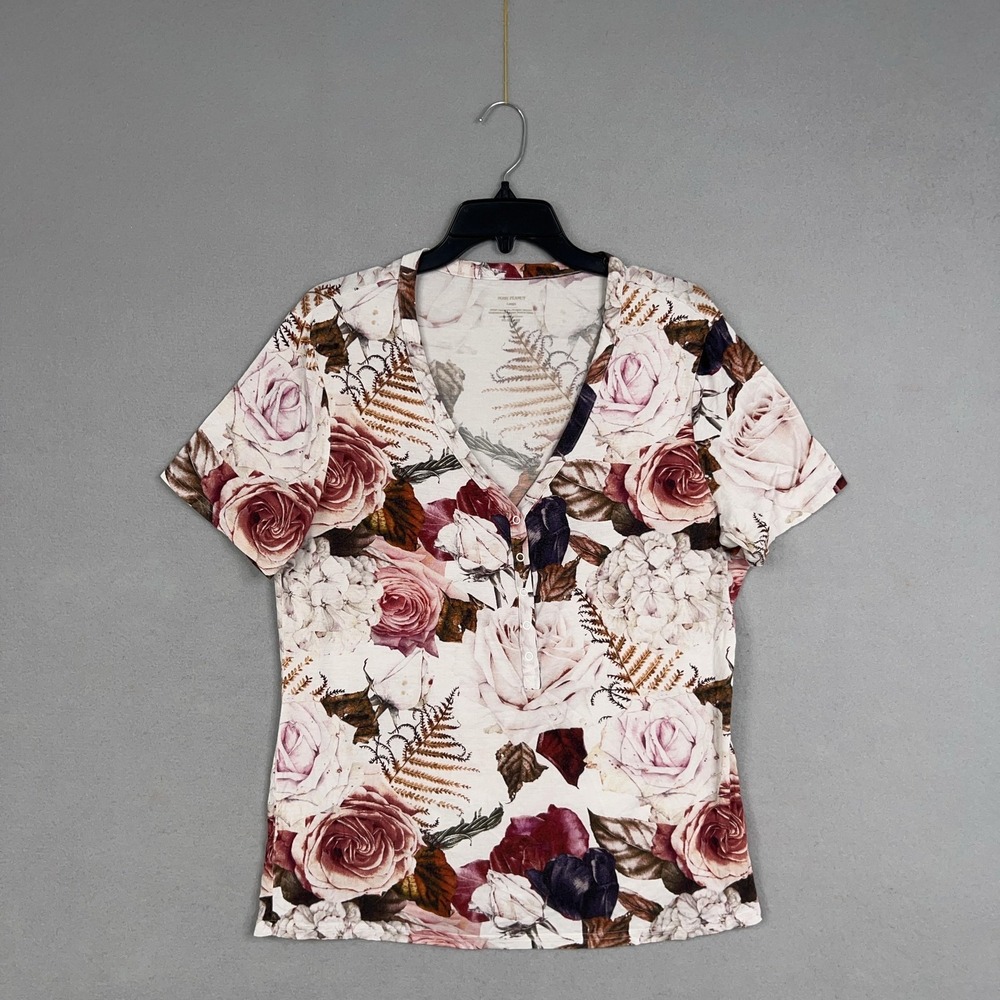 Posh Peanut Shirt Womens Large Floral Roses V Neck Henley Bamboo Feminine Casual